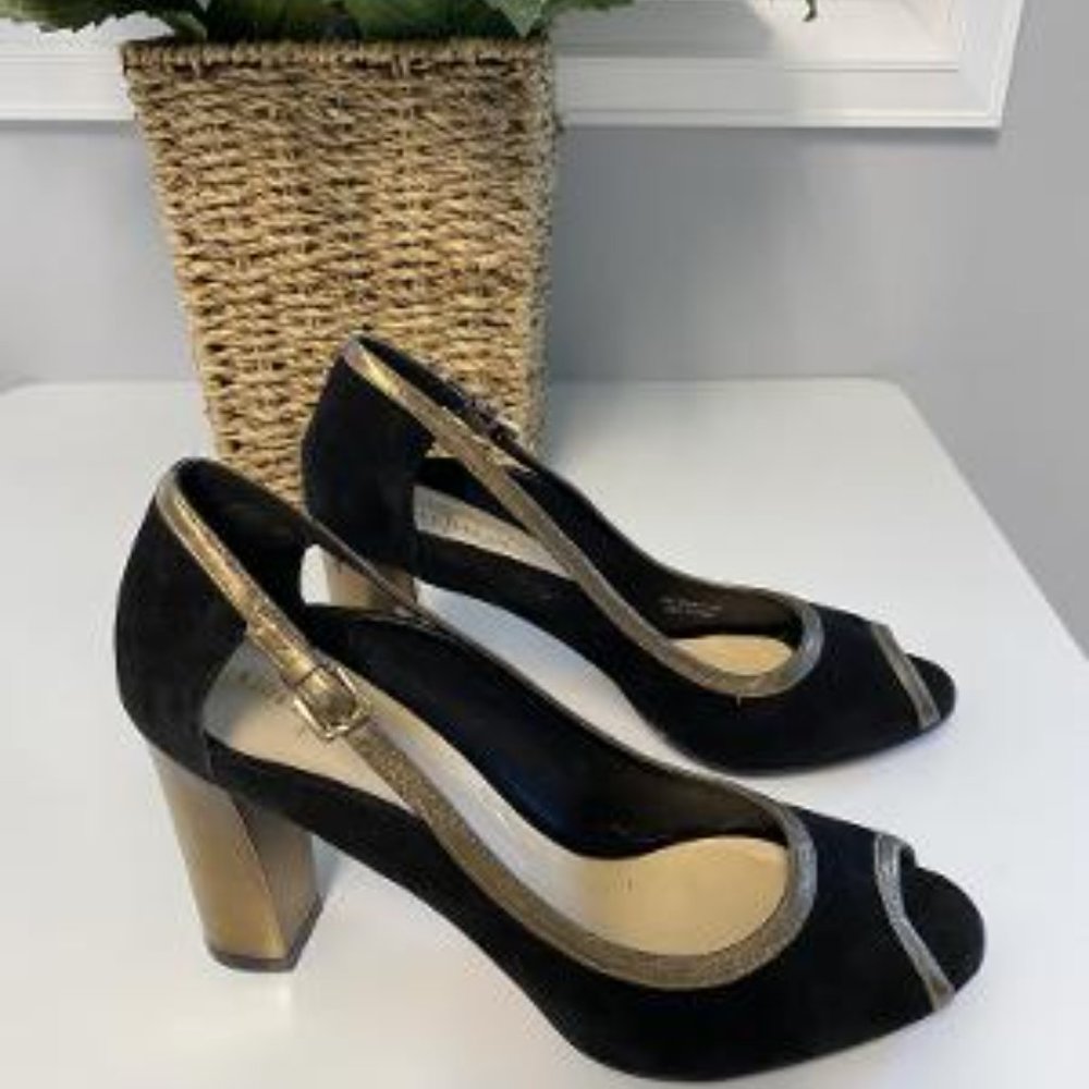 Designer Black Suede and Gold Leather Mirror Heals 8.5 worn twice